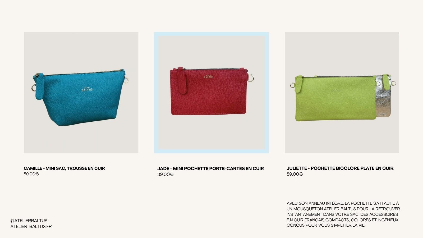 Lookbook spread: Camille, Jade and Juliette pouches