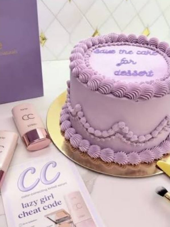 CC Serum cake mailer with lavender cake and product