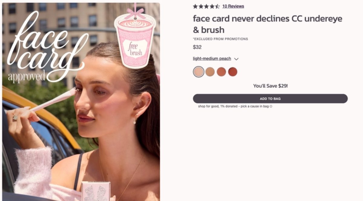 Face card approved holiday campaign creative on the Tarte product page